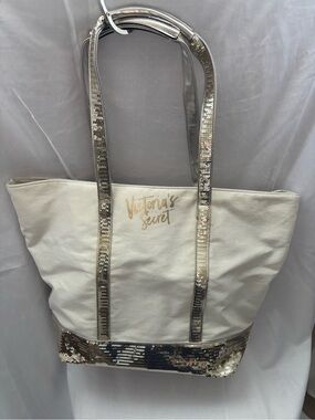 Victoria's Secret White Canvas Tote with Gold Sequin Accents